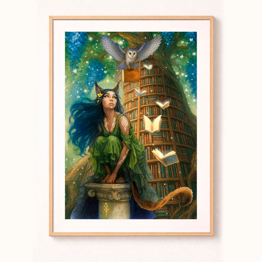 Bokgudinnan – Fine Art Print med handmålade gulddetaljer, Studio Vintrafors