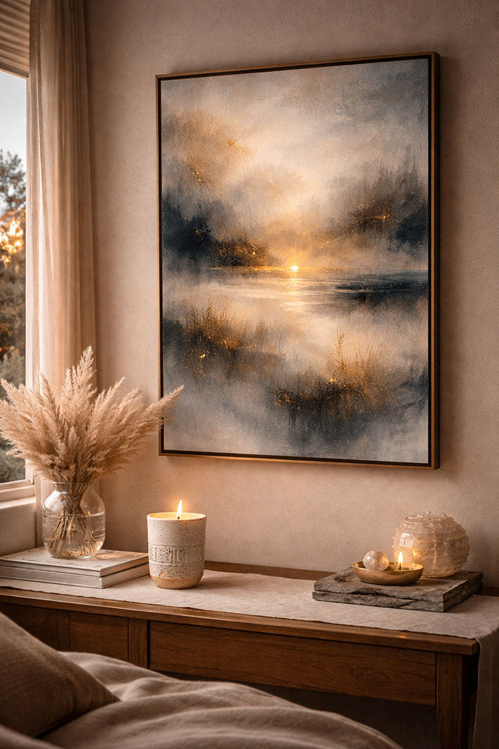 Fine art print i vardagsrum med naturliga toner – Studio Vintrafors