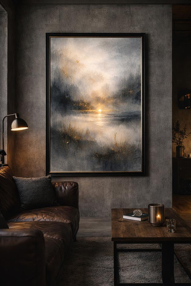 Fine art print i vardagsrum med naturliga toner